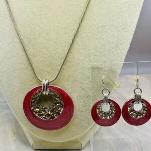 Red Enamel Rhinestone Pendant on a Silver Tone Chain and Matching Earrings